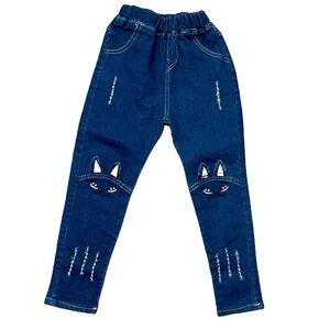 Girls Kids Elastic Waist Distressed Ripped Hole Jean Cat Ears Slim Denim Pants